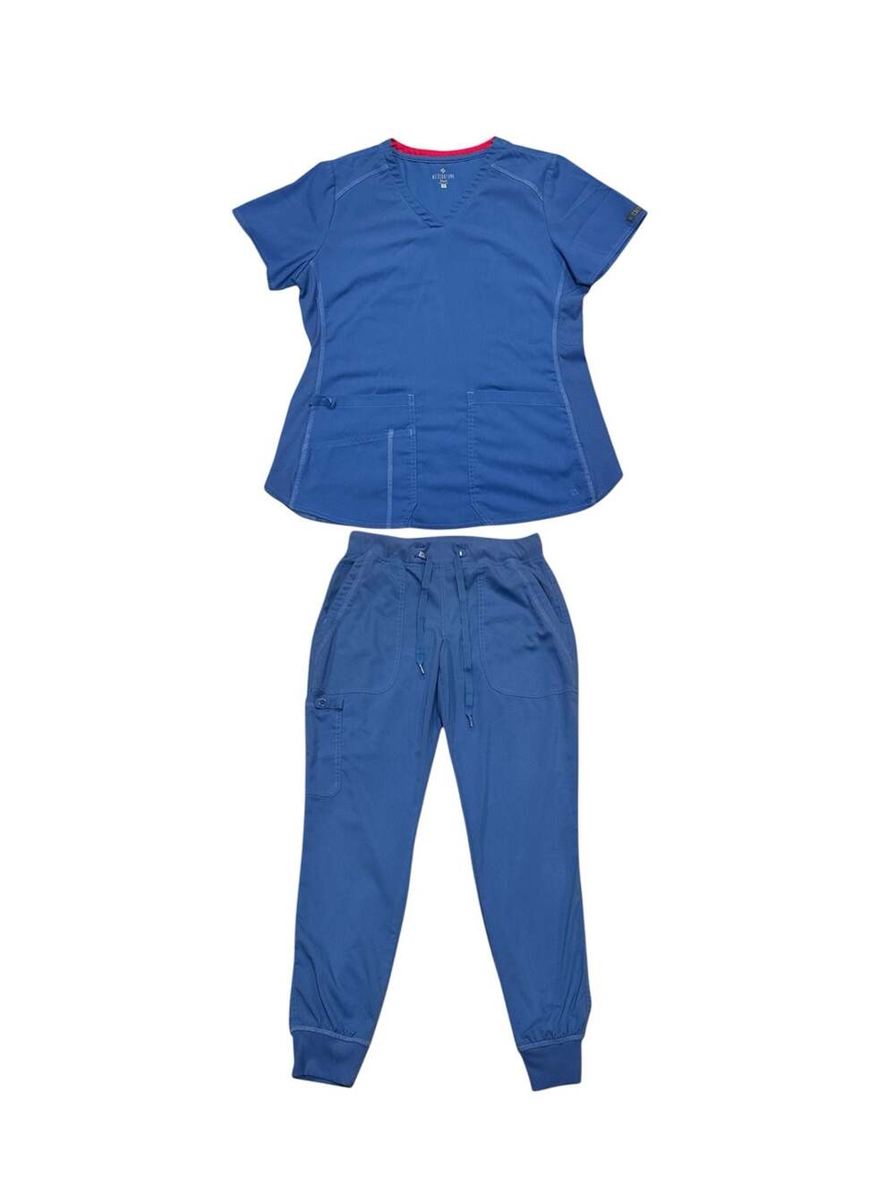 Med Couture Touch Scrub Set Blue V-Neck Top Size M Jogger Pants Size S